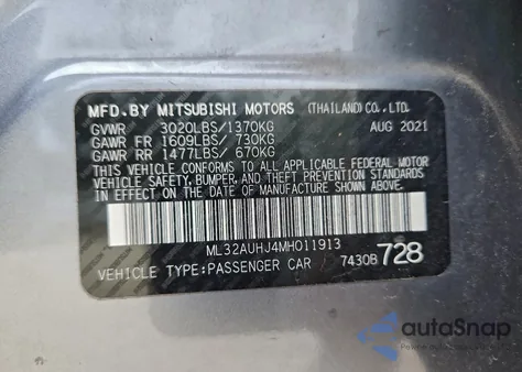 2021 Mitsubishi Mirage Es from USA, damaged, VIN ML32AUHJ4MH011913